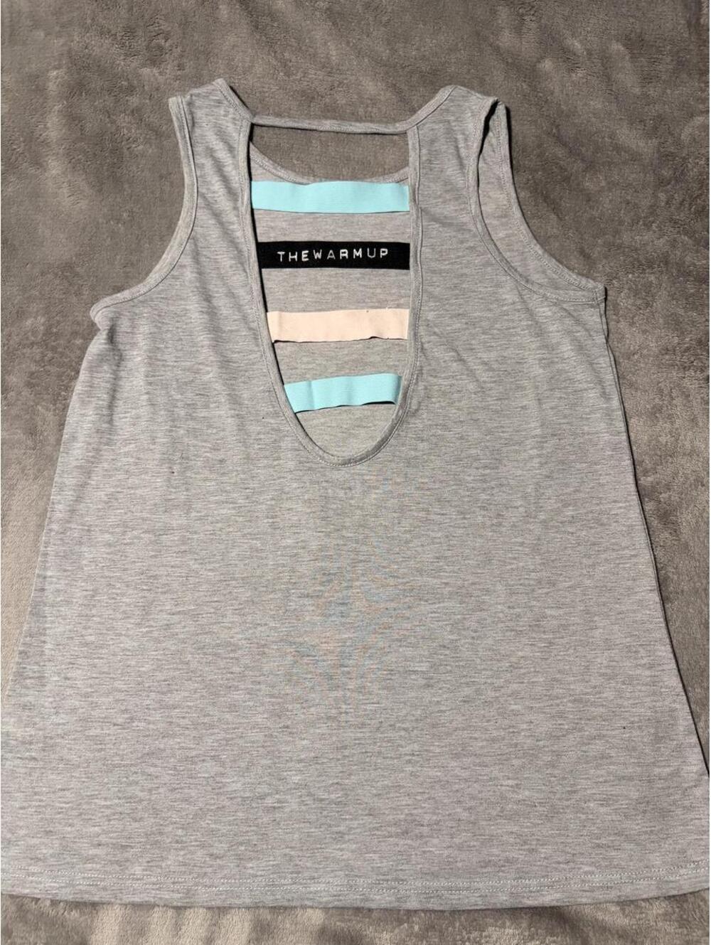 Gray The Warm Up tank top with blue and beige horizontal stripes - S - 0286